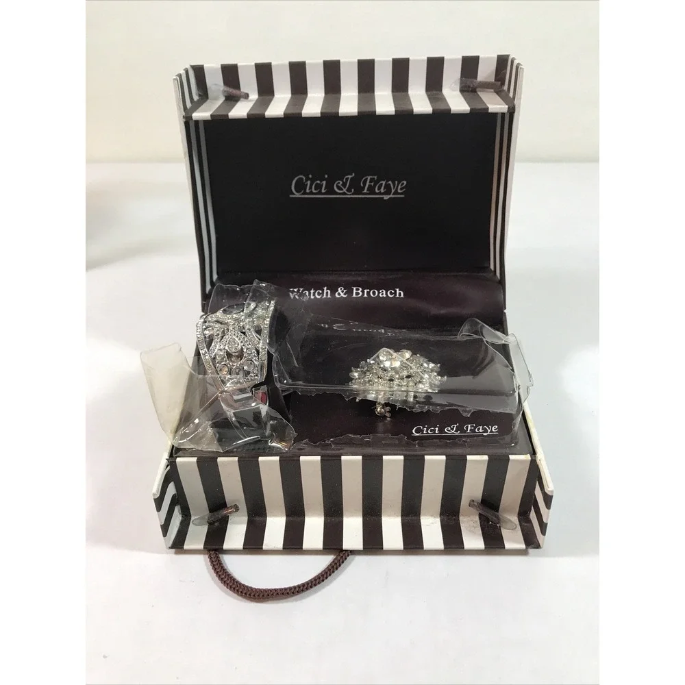 Cici Faye Faux Diamond‎ Brooch & Bracelet Set Bangle Watch